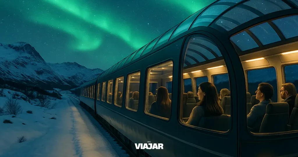 Tren panorámico nocturno atravesando el norte de Noruega
