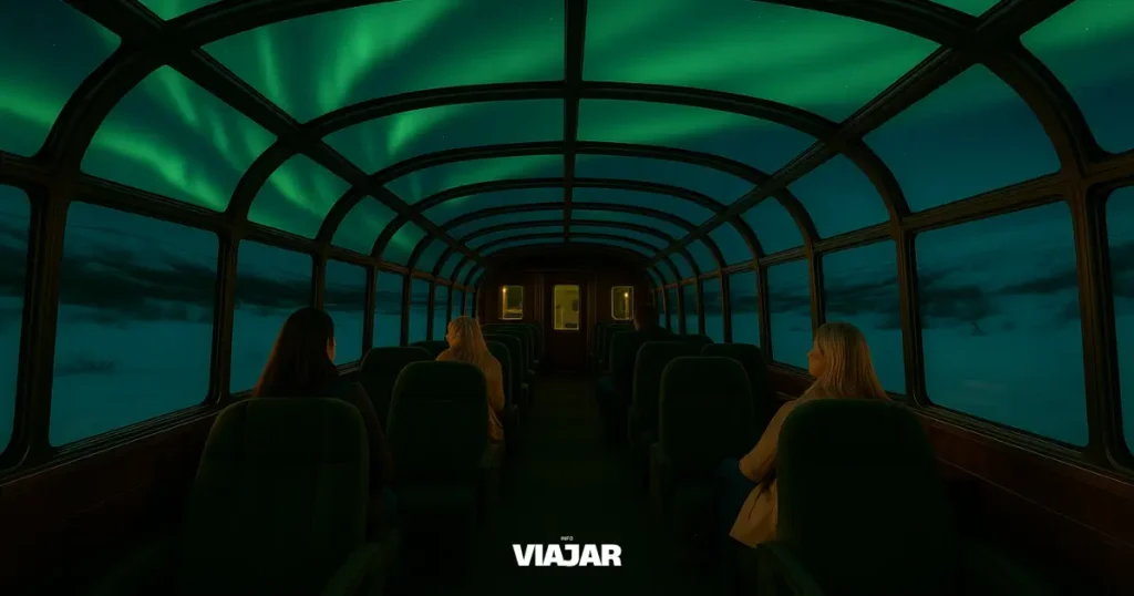 Vagón con techo de cristal para ver auroras boreales en Noruega